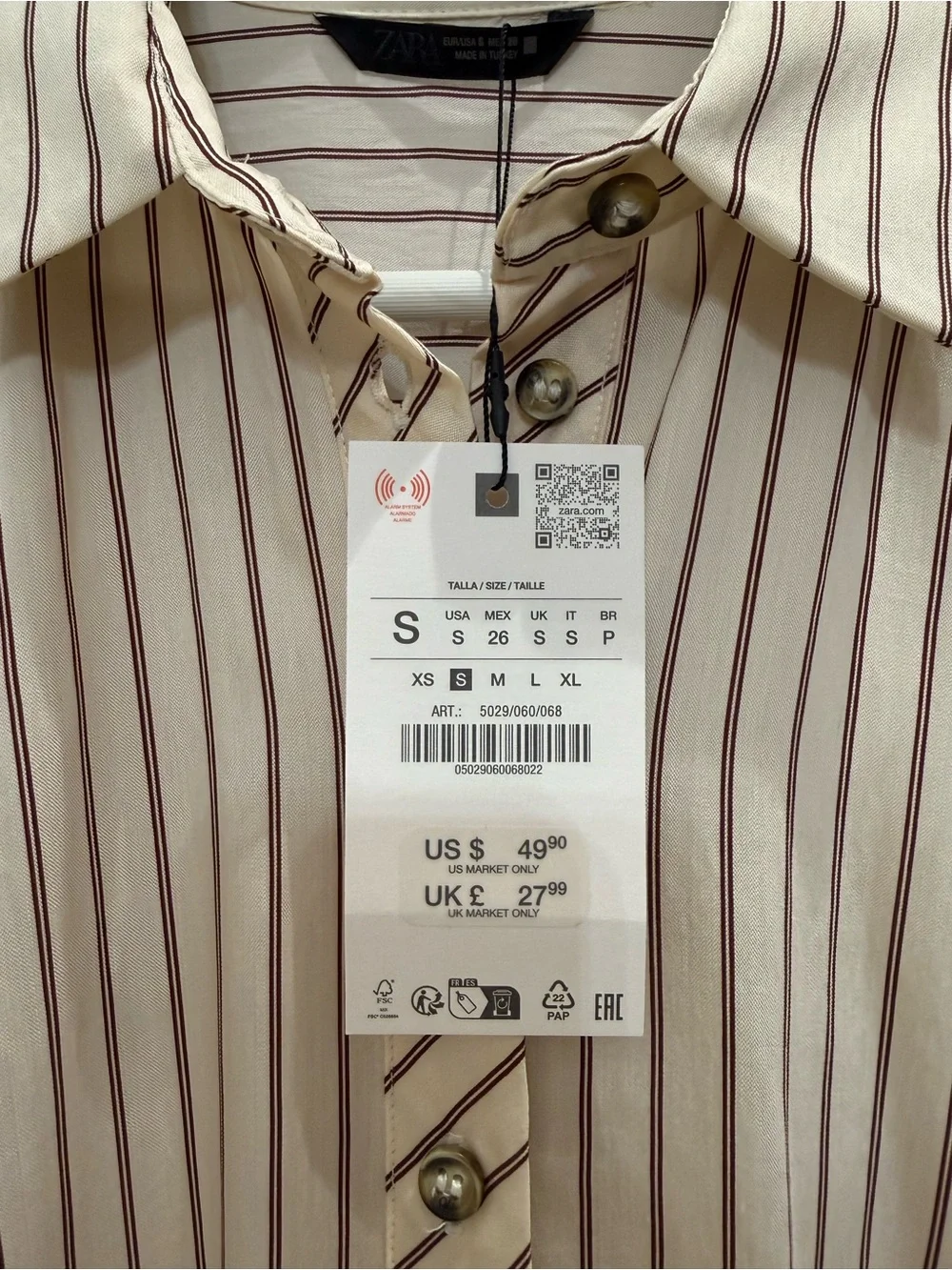 Zara Cream Shirt with Brown Pinstripes w/Unique Button Cinch